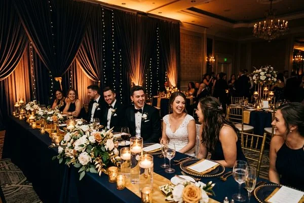 Wedding reception with amber uplighting