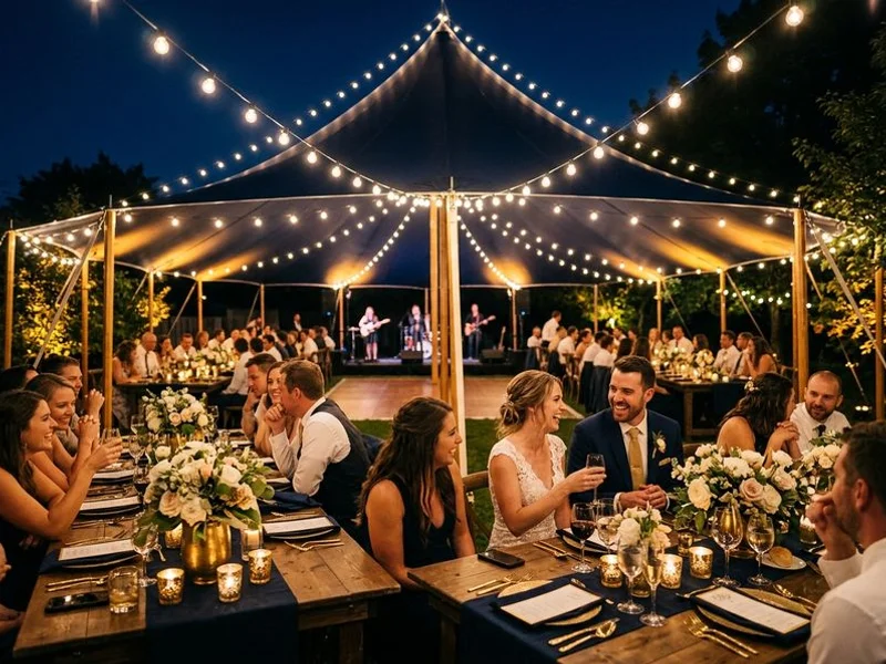 Backyard wedding tent festoon lights