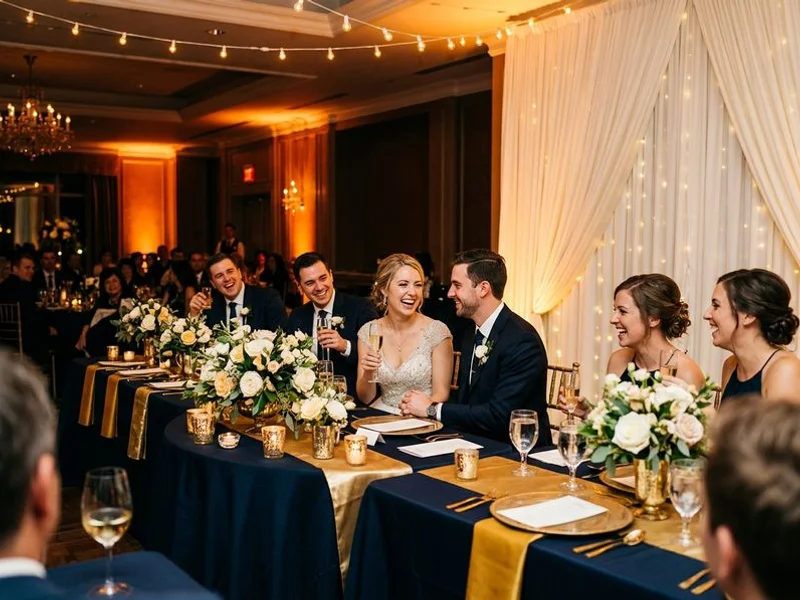 Wedding reception with amber uplighting