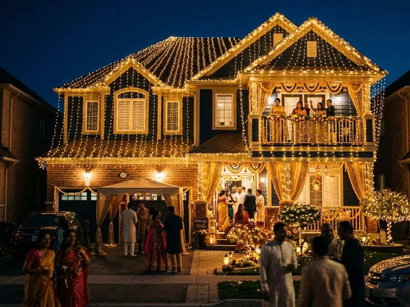 South Asian wedding house fairy-light draping