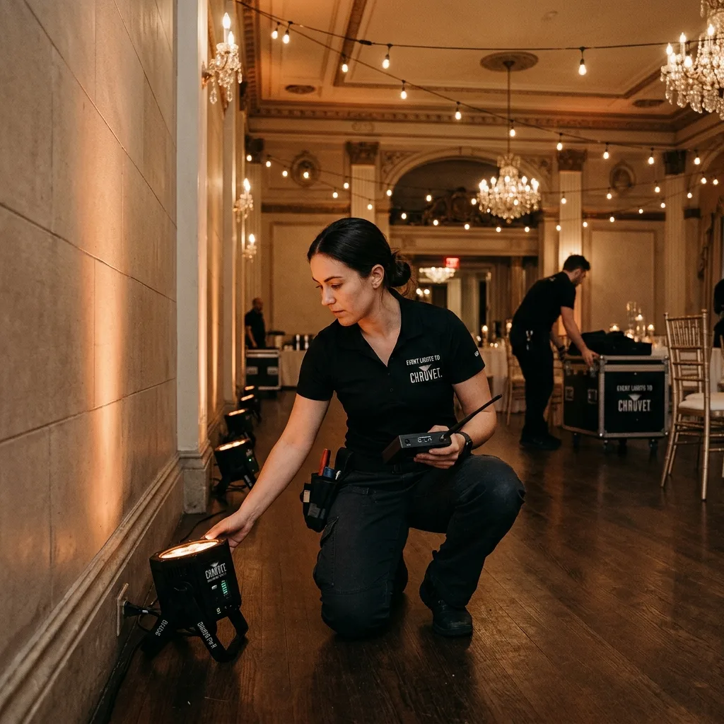 Event lighting rental crew setting up uplights